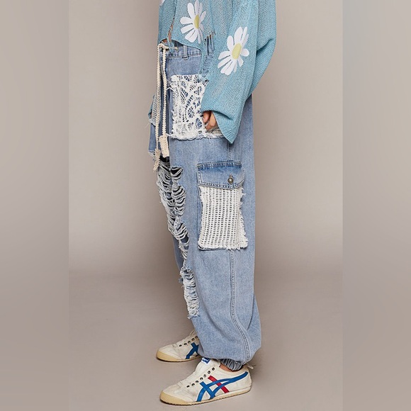 177B. Vintage Wash Crochet Patches Distress Cargo Jogger Pants - Blue Denim - Picture 2 of 5